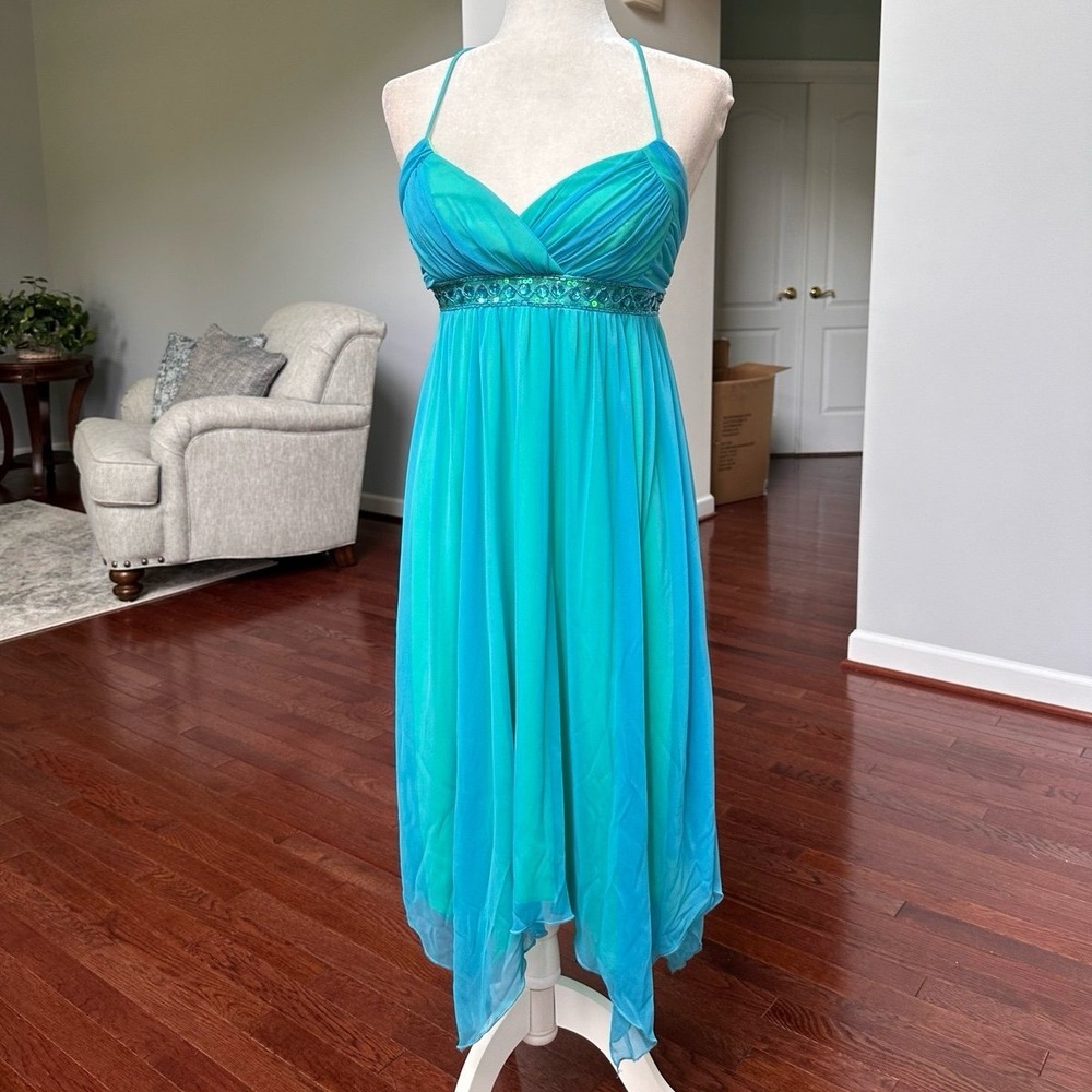 Vintage City Triangles Blue Iridescent Beaded Embellished Asymmetrical Dress